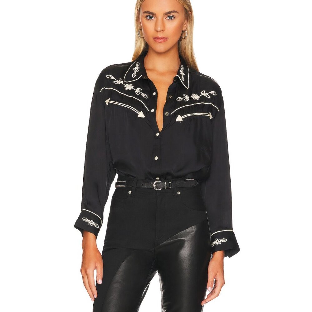 THE GREAT. West End Western Top Black Floral Embroidered Women's Size 3 Large